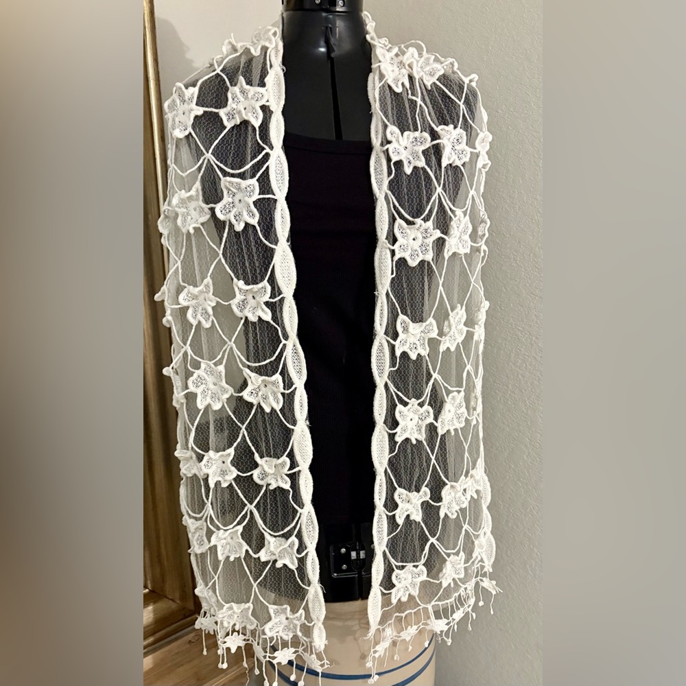 Handcrafted Cream Embroidered Floral Mesh Women’s Scarf Boho floral is 3d